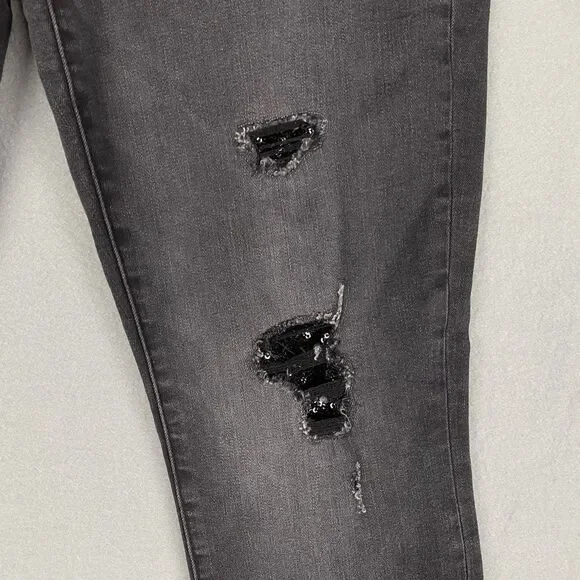 White House Black Market Black Sequined Distress High Rise Skinny Jeans Women 6 - Picture 3 of 7